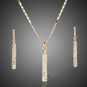 Hot Gold Color Clear Crystal Drop Earrings Pendant Necklace Set Women Ladies Jewelry Sets
