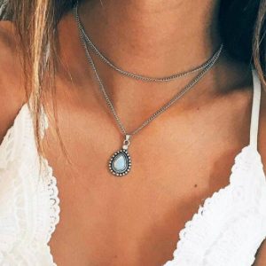 Retro Water Drop Crystal Pendant Multilayer Necklace