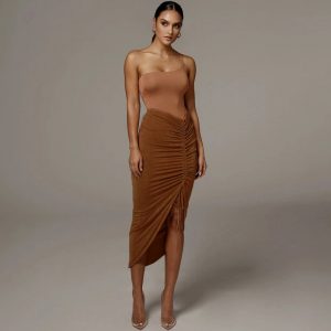 Dulzura drawstring ruched women pencil midi skirt slit high waist elegant bodycon sexy streetwear party club 2020 summer clothes