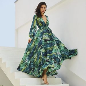 Fashion Long Sleeve Tropical Vintage Maxi Dress