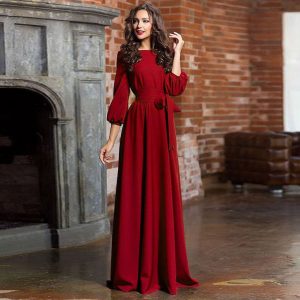 Lantern Sleeve O Neck Long Dress