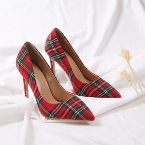 Red Plaid Thin Heels Pointed Toe Shoes