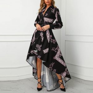 JAYCOSIN Women Dress Long Sleeve Turn-Down Collar High Waist Print Color Shirt Asymmetrical Dress Autumn Long Dresses Vestidos