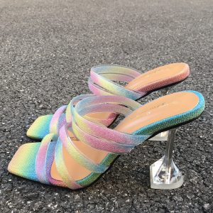Summer High Heels Candy Striped Mules