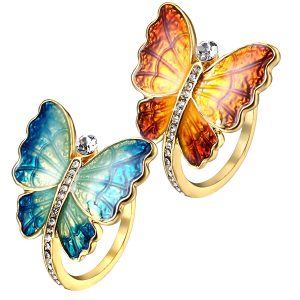 Trendy Creative Butterfly Crystal Finger Wedding Rings Yellow Blue Color Wing Luxury Shiny Glamour Ring Jewelry Girl Gift Bijoux
