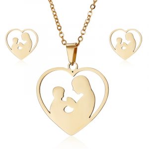 Fashion Gold Stainless Steel Mother Hold Child Necklace Sets Earrings Jewelry Sets For Women Mother's Day Gift Jewelry