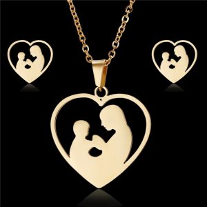 Fashion Gold Stainless Steel Mother Hold Child Necklace Sets Earrings Jewelry Sets For Women Mother's Day Gift Jewelry