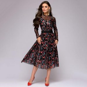 Floral Embroidery Sheer Mesh Vintage Dress