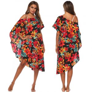 Asymmetrical Floral Print Swimwear Cover Up Tunic