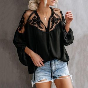 Lace Mesh Long Sleeve Loose Ruched Blouse