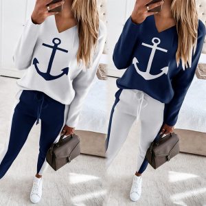 Anchor Print Long Sleeve V-neck Top & Pants Set
