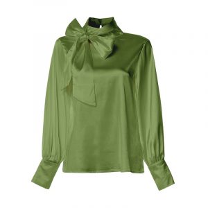 Elegant Satin Bow Tie Lantern Sleeve Shirt