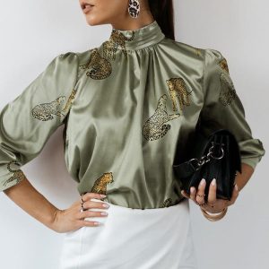 Stylish Satin Long Sleeve Stand Collar Tiger Print Top