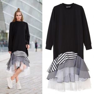 Casual Black Autumn Dress With Stripe Patchwork Asymmetrical Hem
