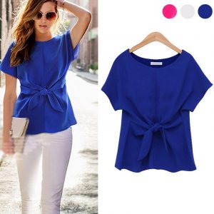 Front Tie Short Sleeve Solid Color Top