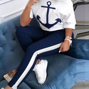 Anchor Crop Top & Color Block Drawstring Pants Set