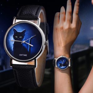 Mysterious Black Cat Leather Strap Quartz Wristwatch