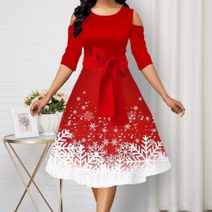 Snowflake Print Cold Shoulder Round Neck Dress