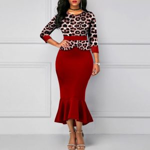 Elegant Leopard Peplum Bodycon Dress