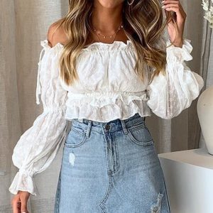 Off Shoulder Long Sleeve White Embroidery Crop Top