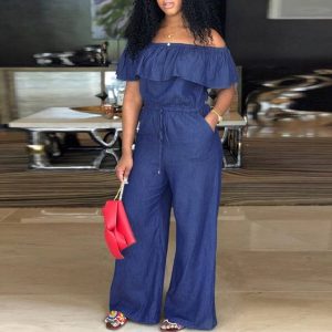 Denim Off Shoulder Ruffles Plus Size Jumpsuit