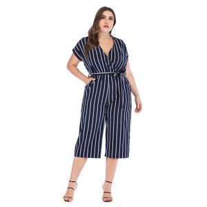 Plus Size Mid Length Striped Jumpsuit