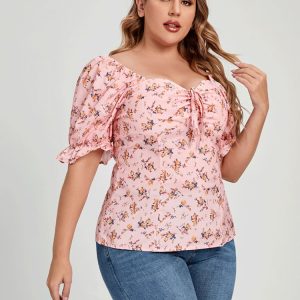 Plus Size Front Tie Floral Blouse