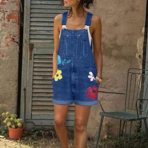 Denim Flower Prints Romper Playsuit