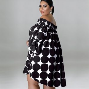 Plus Size Large Dot Pint Off Shoulder Dress