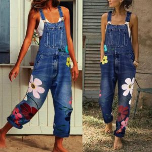 Denim Flower Prints Overall Jumpsuit
