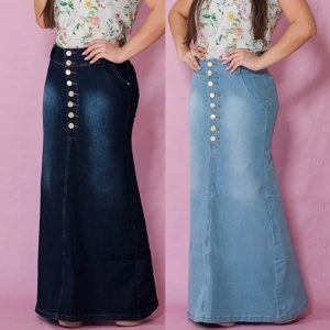 Front Button Long Denim Skirt