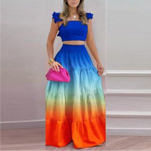 Pleated Ruffle Crop Top & Maxi Skirt Two Piece Set