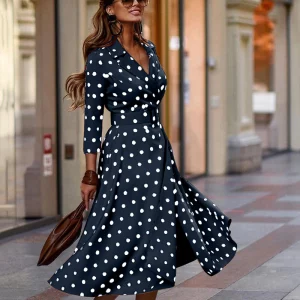 Polka Dot Print Slit Up Midi Dress