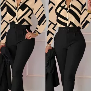 Elegant Two Piece Shirt & Pants With Belt