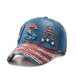 Unisex Denim Rhinestone USA Flag Baseball Cap
