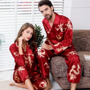Long Sleeve Printed Dragon and Phoenix Silk Sleepwear