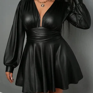 Plus Size Deep V Neck Lantern Sleeve Leather Dress